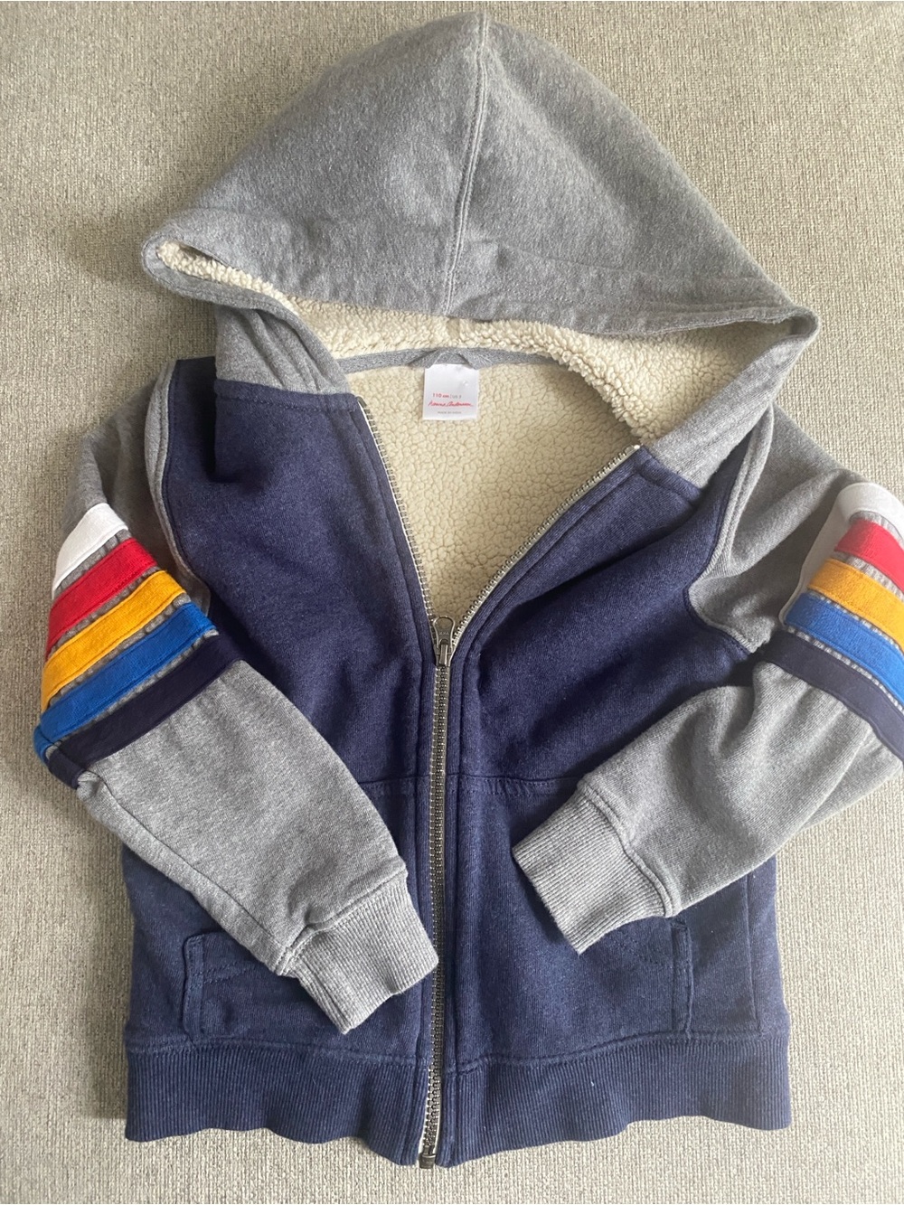Hanna Andersson Navy & Gray Hooded Zip Sweatshirt with Rainbow Sleeve Stripes